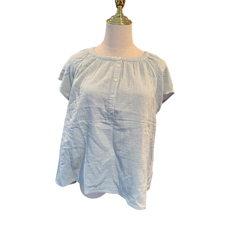 Gap Womens Blue Cotton‎ Double Gauze Henley Short Sleeve Blouse Top Large New